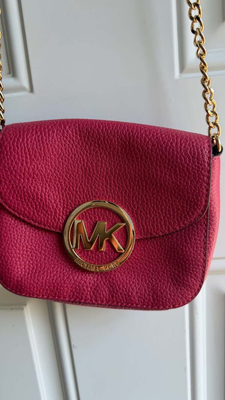 Michael Kors Pink Pebbled Leather Crossbody Bag with Gold MK Logo
